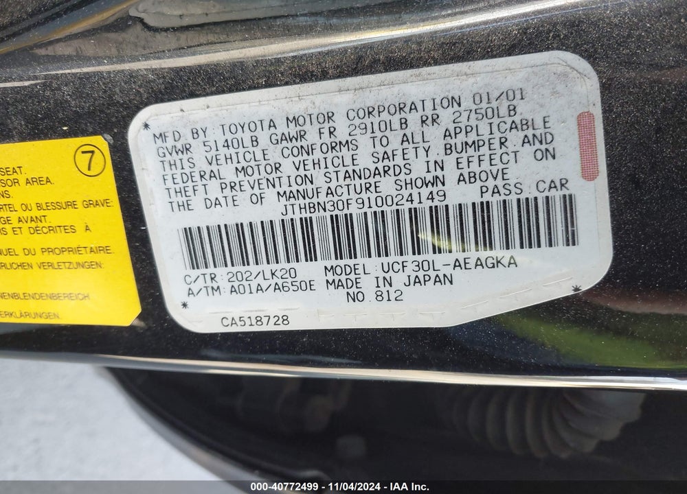 2001 LEXUS LS 430 VIN: JTHBN30F910024149