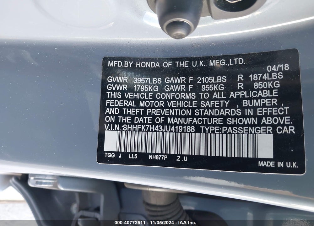 2018 HONDA CIVIC SPORT VIN: SHHFK7H43JU419188
