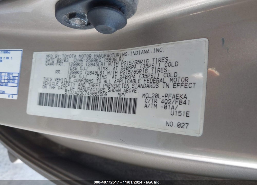 2004 TOYOTA SIENNA LE VIN: 5TDZA23C74S063668