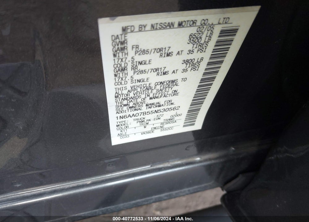 2005 NISSAN TITAN XE VIN: 1N6AA07B55N530562