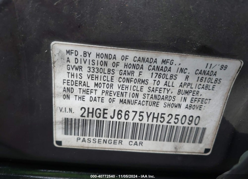 2000 HONDA CIVIC LX VIN: 2HGEJ6675YH525090