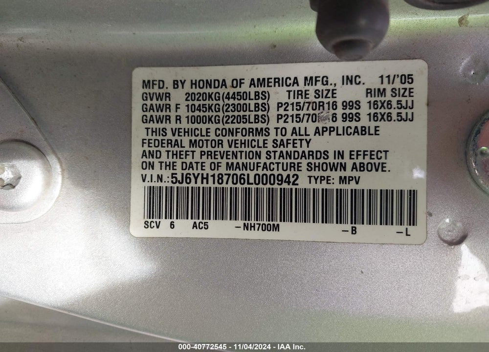 2006 HONDA ELEMENT EX-P VIN: 5J6YH18706L000942