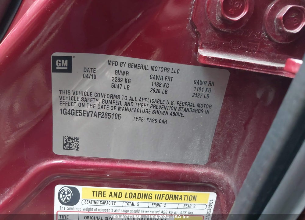 2010 BUICK LACROSSE CXS VIN: 1G4GE5EV7AF265106