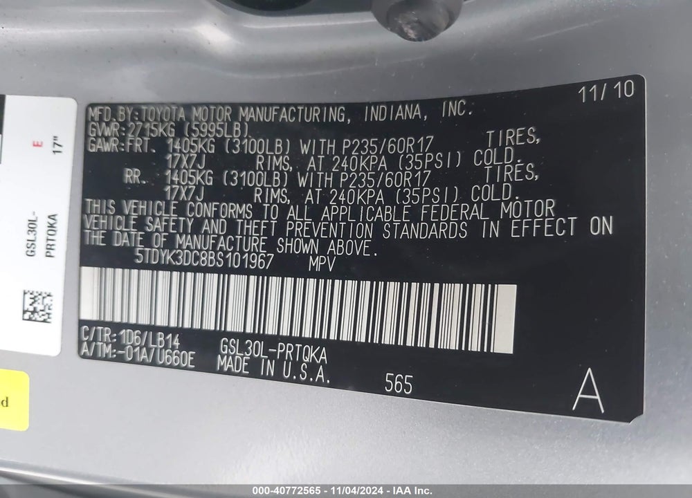 2011 TOYOTA SIENNA XLE V6 VIN: 5TDYK3DC8BS101967