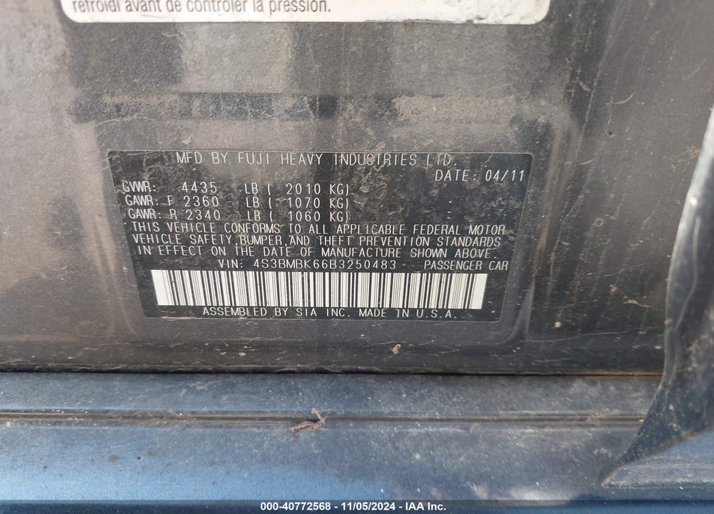 2011 SUBARU LEGACY 2.5I LIMITED VIN: 4S3BMBK66B3250483