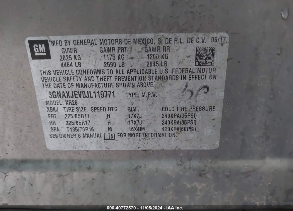 2018 CHEVROLET EQUINOX LT VIN: 3GNAXJEV0JL119771
