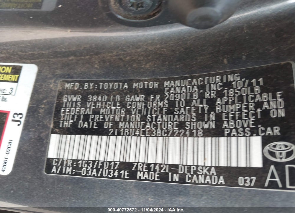 2011 TOYOTA COROLLA S VIN: 2T1BU4EE3BC722418