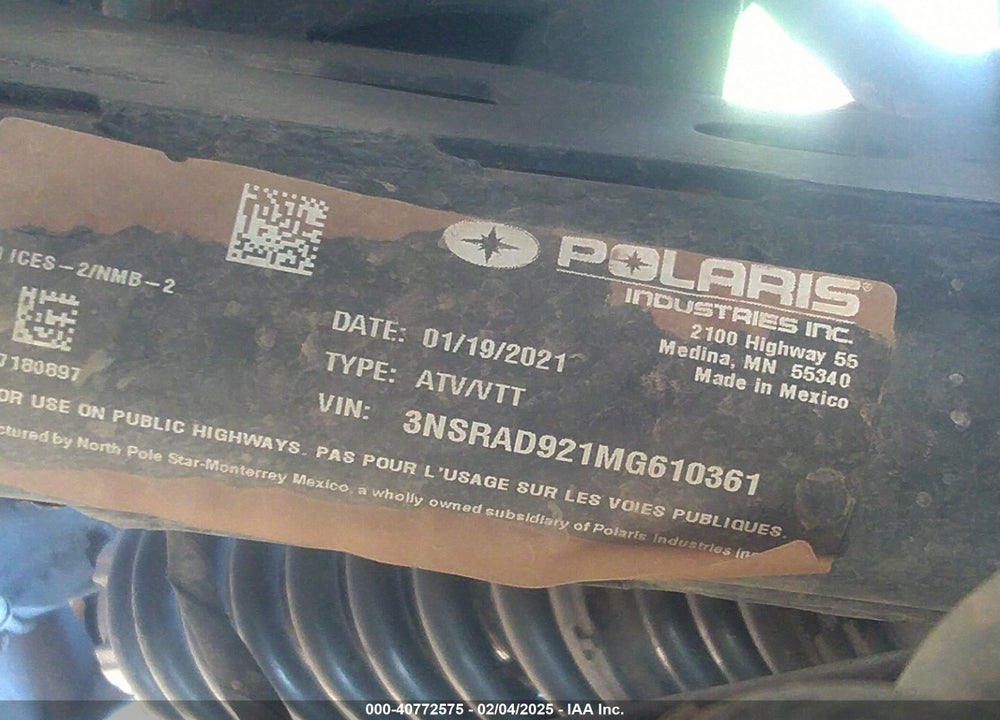 2021 POLARIS RZR VIN: 3NSRAD921MG610361