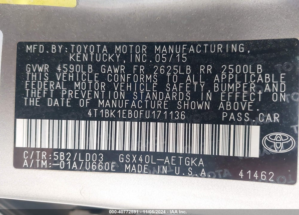 2015 TOYOTA AVALON XLE VIN: 4T1BK1EB0FU171136