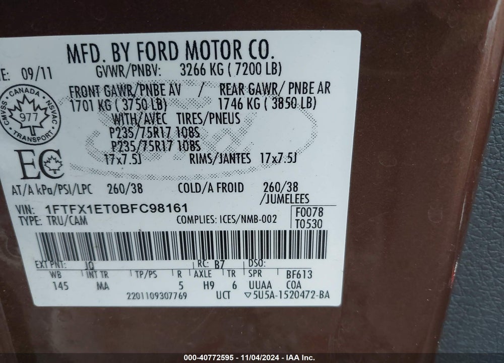 2011 FORD F-150 XLT VIN: 1FTFX1ET0BFC98161
