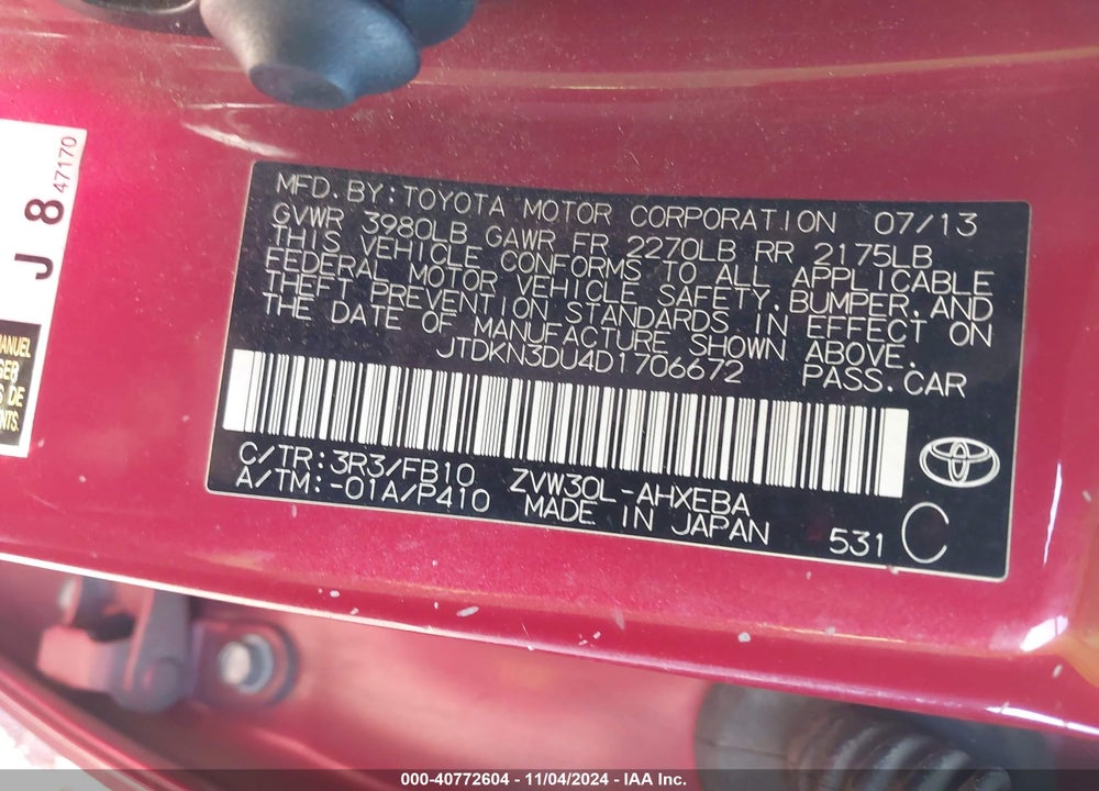 2013 TOYOTA PRIUS TWO VIN: JTDKN3DU4D1706672