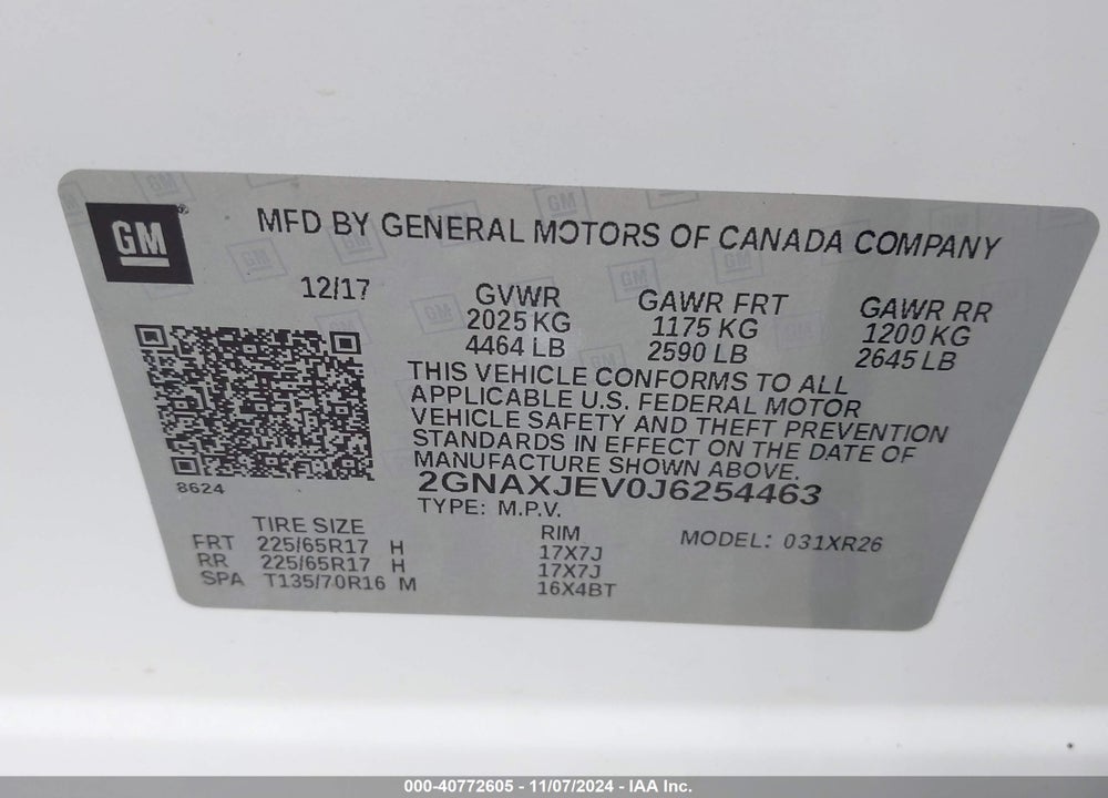 2018 CHEVROLET EQUINOX LT VIN: 2GNAXJEV0J6254463