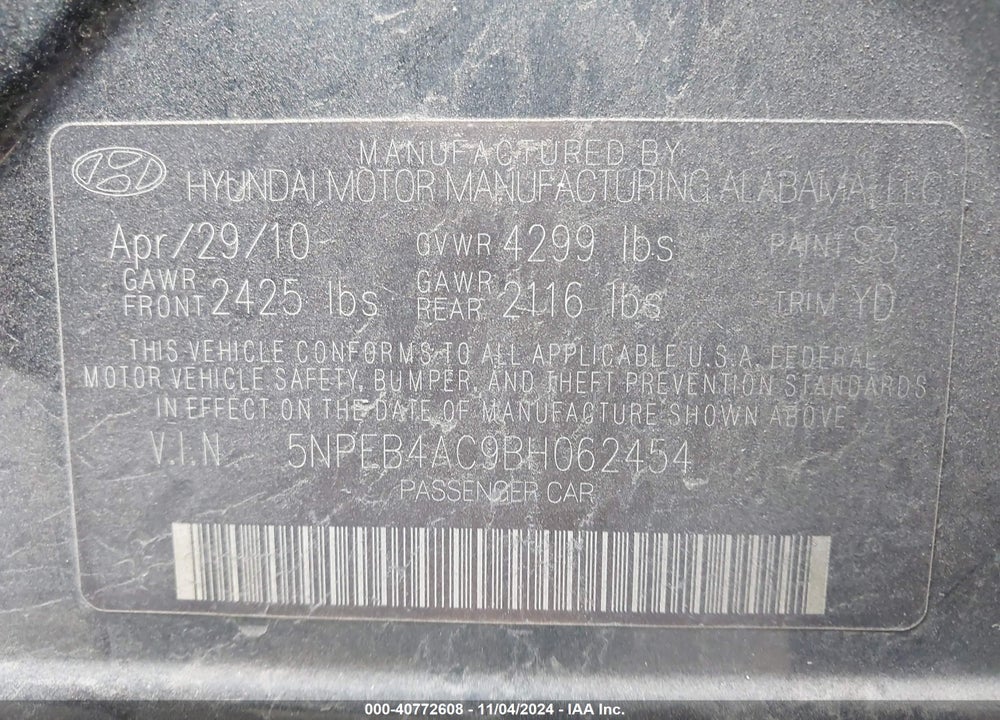 2011 HYUNDAI SONATA GLS VIN: 5NPEB4AC9BH062454
