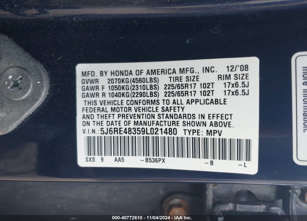 2009 HONDA CR-V LX VIN: 5J6RE48359L021480