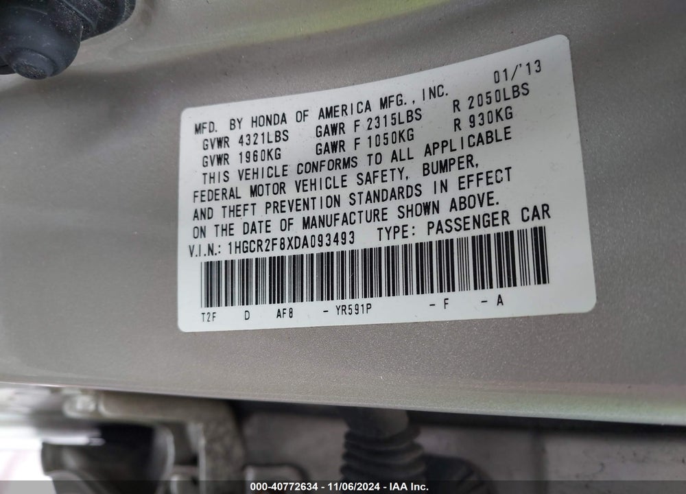 2013 HONDA ACCORD EX-L VIN: 1HGCR2F8XDA093493