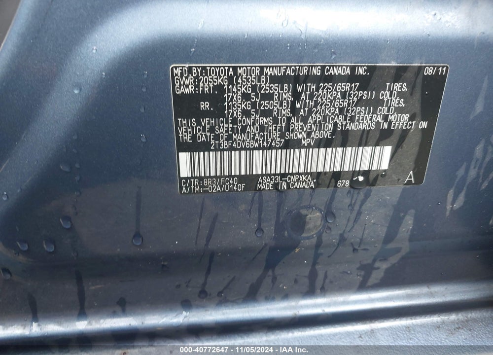 2011 TOYOTA RAV4 VIN: 2T3BF4DV6BW147457