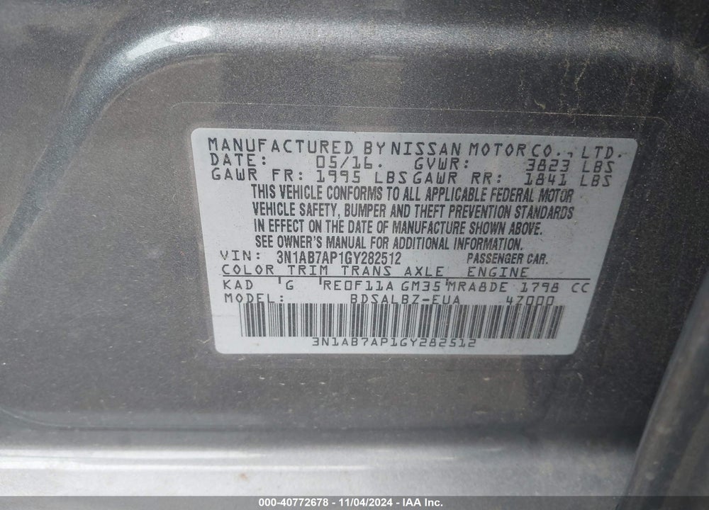 2016 NISSAN SENTRA VIN: 3N1AB7AP1GY282512