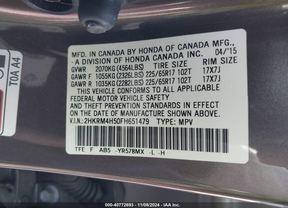 2015 HONDA CR-V EX VIN: 2HKRM4H50FH651479