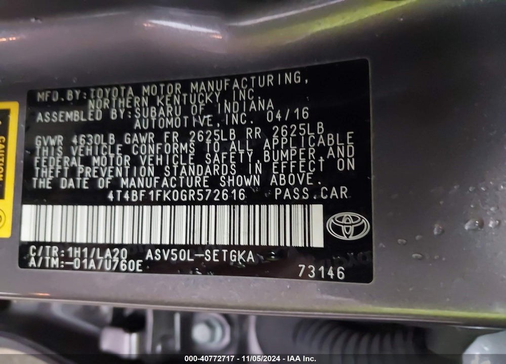 2016 TOYOTA CAMRY XLE VIN: 4T4BF1FK0GR572616