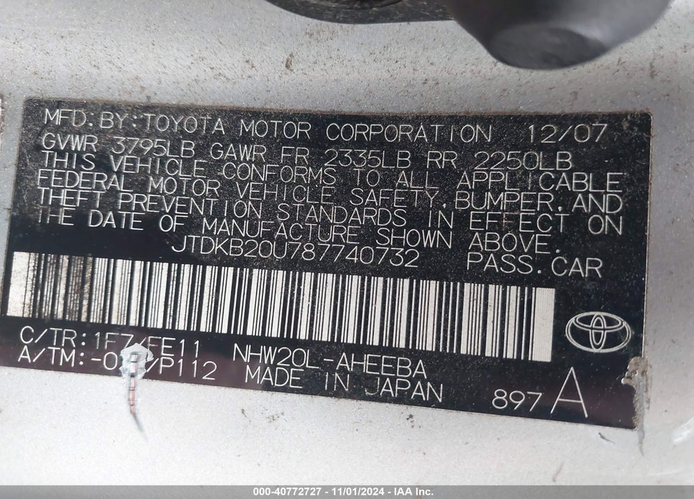 2008 TOYOTA PRIUS VIN: JTDKB20U787740732