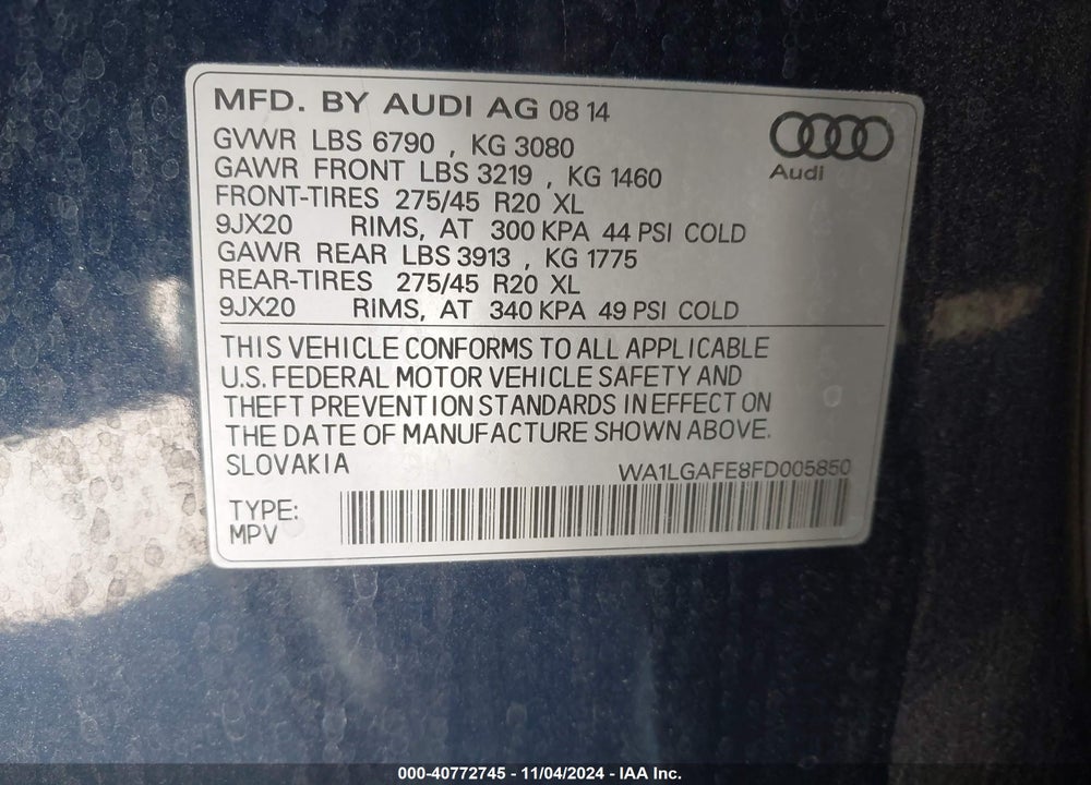 2015 AUDI Q7 3.0T PREMIUM VIN: WA1LGAFE8FD005850