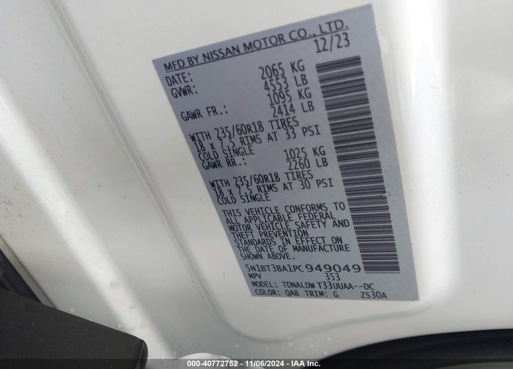 2023 NISSAN ROGUE SV FWD VIN: 5N1BT3BA1PC949049