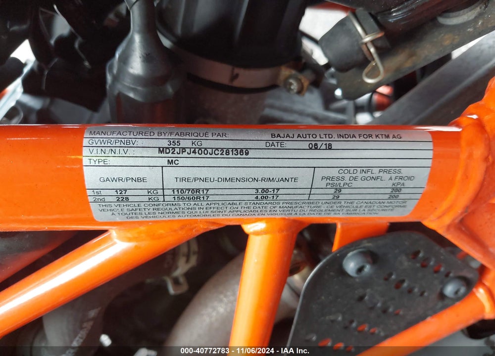 2018 KTM 390 DUKE VIN: MD2JPJ400JC281369