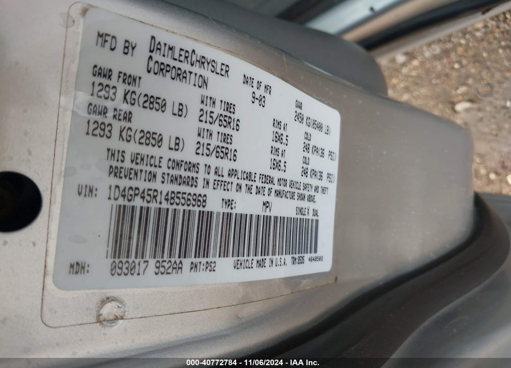 2004 DODGE CARAVAN SXT VIN: 1D4GP45R14B556968