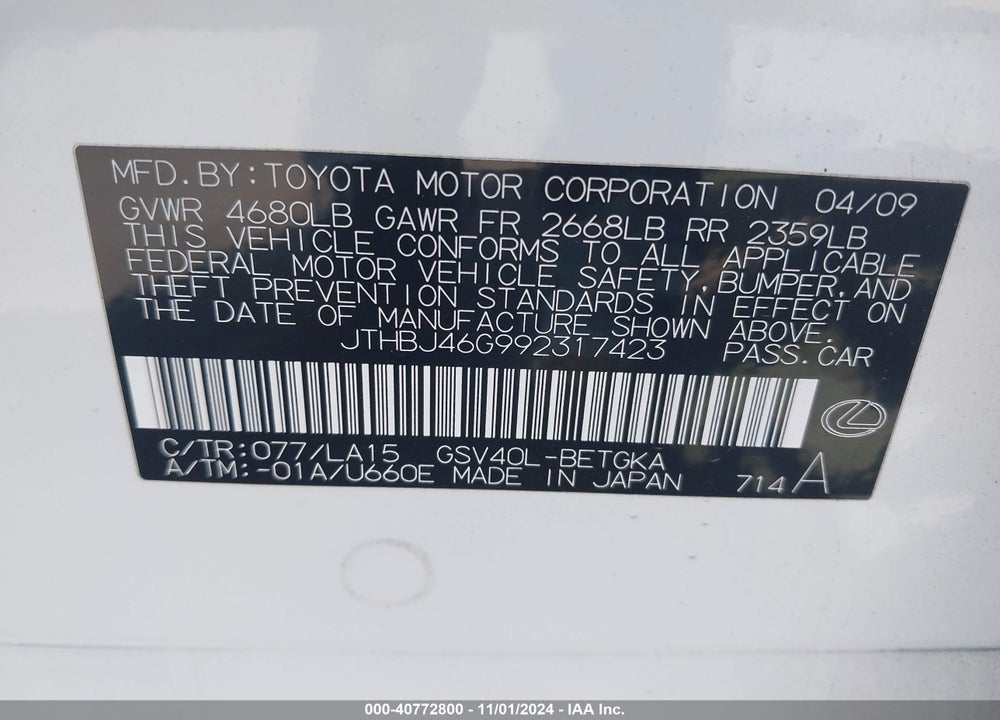 2009 LEXUS ES 350 VIN: JTHBJ46G992317423