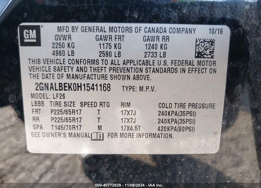 2017 CHEVROLET EQUINOX LS VIN: 2GNALBEK0H1541168