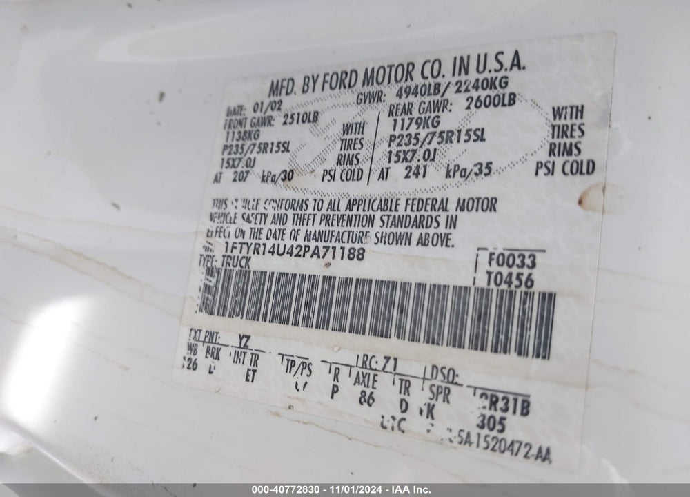 2002 FORD RANGER EDGE/TREMOR/XL/XLT VIN: 1FTYR14U42PA71188