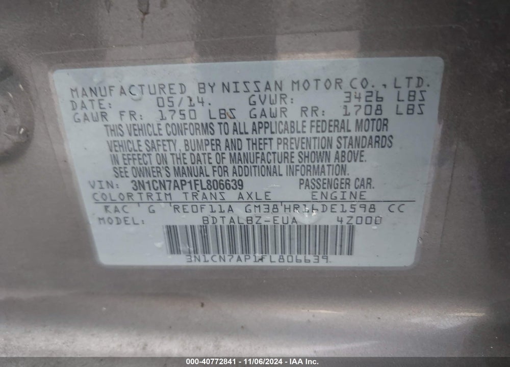 2015 NISSAN VERSA 1.6 S/1.6 S+/1.6 SL/1.6 SV VIN: 3N1CN7AP1FL806639