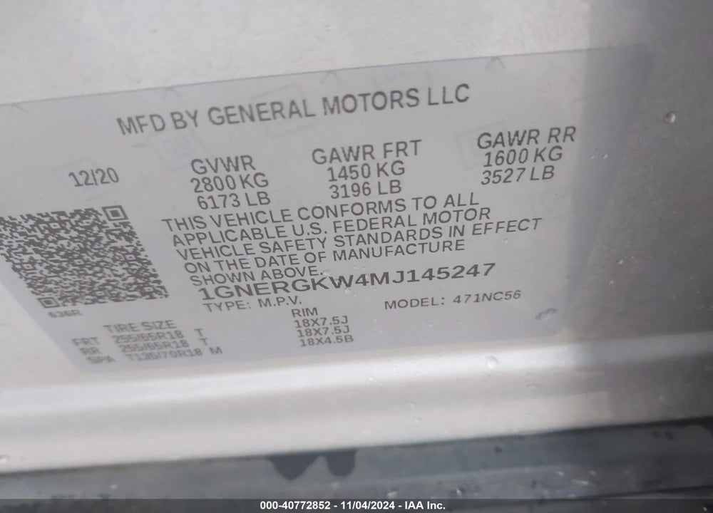 2021 CHEVROLET TRAVERSE VIN: 1GNERGKW4MJ145247