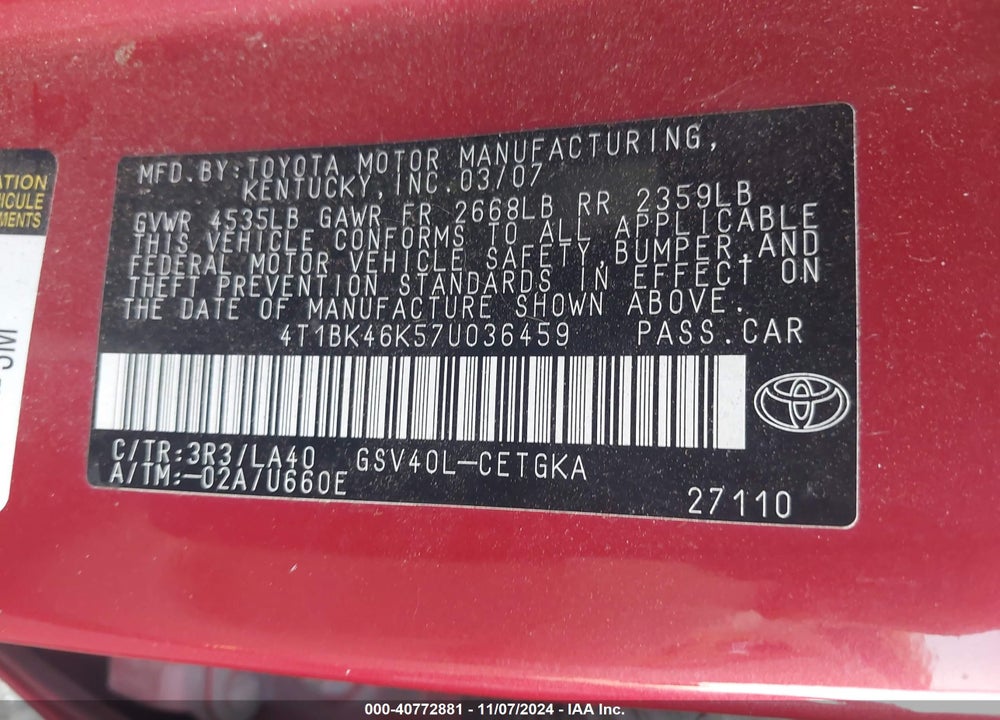 2007 TOYOTA CAMRY XLE V6 VIN: 4T1BK46K57U036459