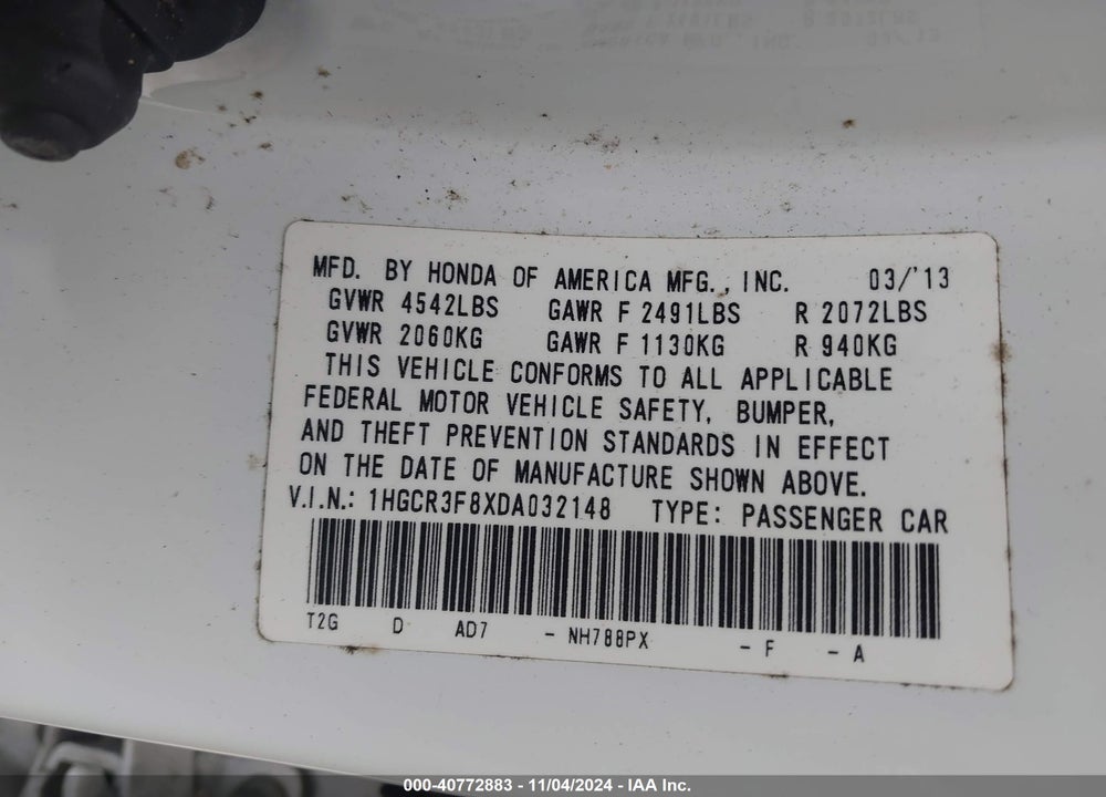 2013 HONDA ACCORD EX-L V-6 VIN: 1HGCR3F8XDA032148