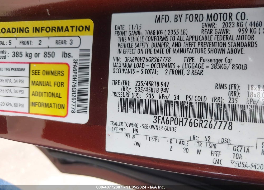 2016 FORD FUSION SE VIN: 3FA6P0H76GR267778