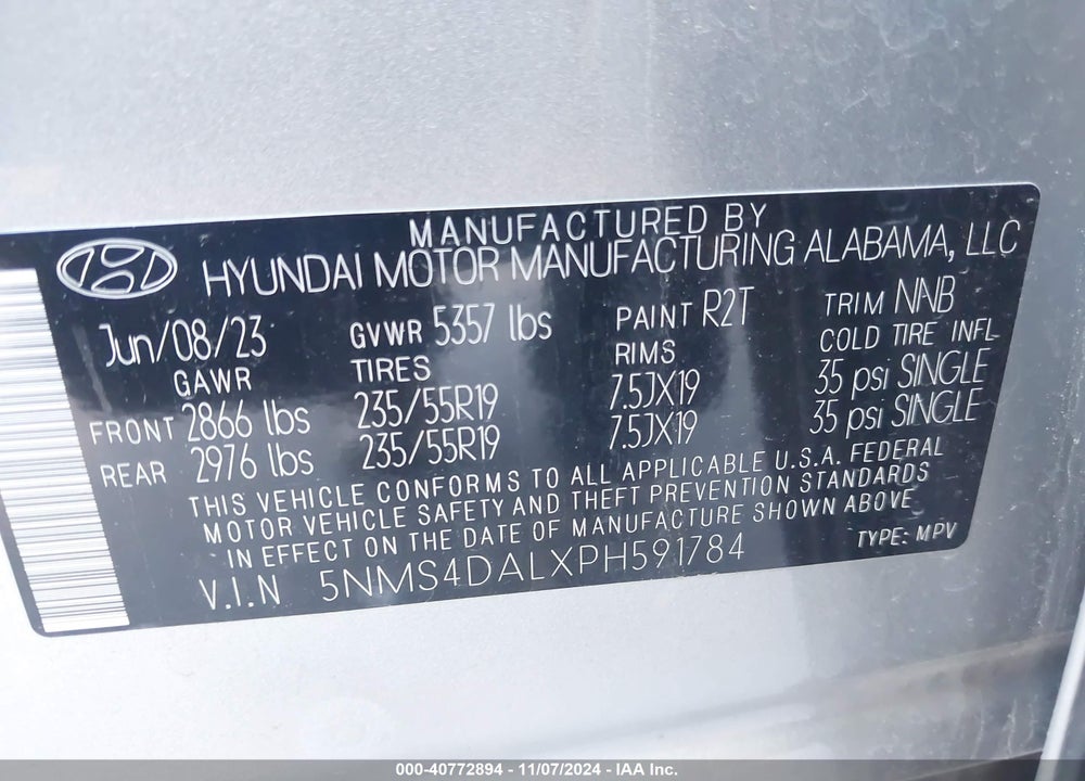 2023 HYUNDAI SANTA FE LIMITED VIN: 5NMS4DALXPH591784