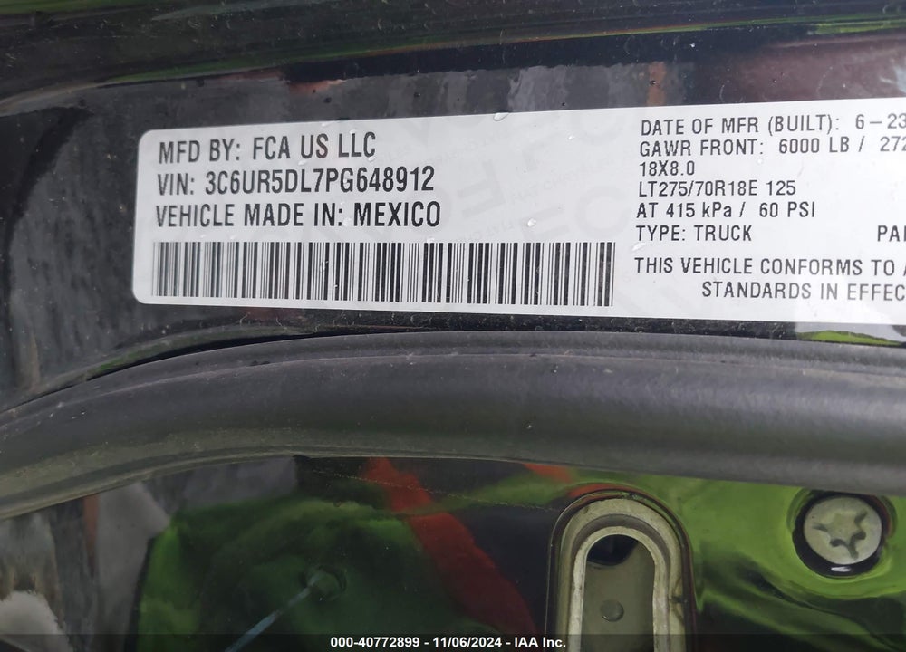 2023 RAM 2500 BIG HORN 4X4 6'4 BOX VIN: 3C6UR5DL7PG648912