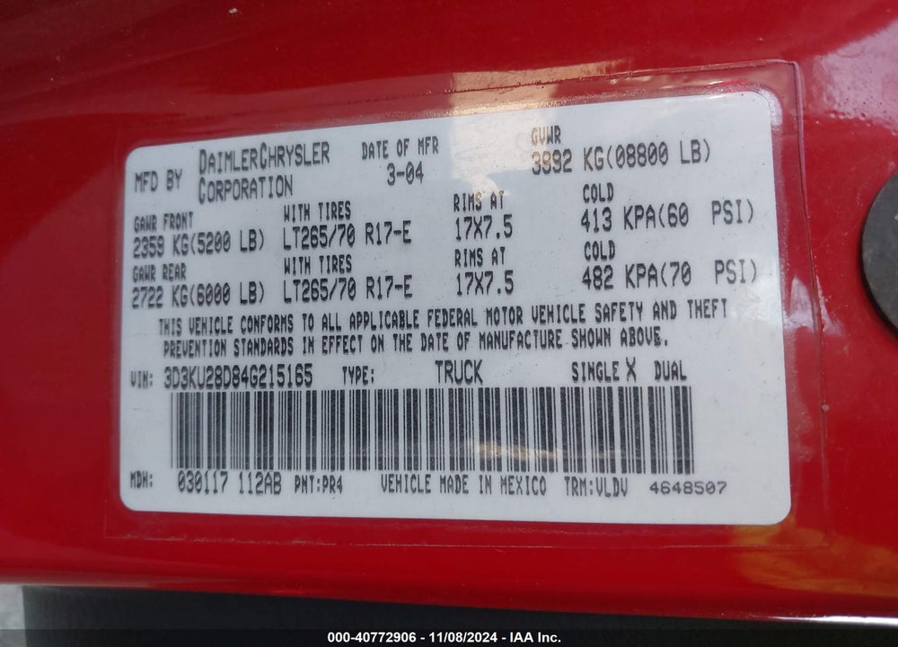 2004 DODGE RAM 2500 SLT/LARAMIE VIN: 3D3KU28D84G215165