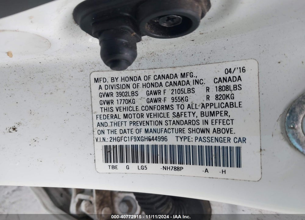2016 HONDA CIVIC TOURING VIN: 2HGFC1F9XGH644996