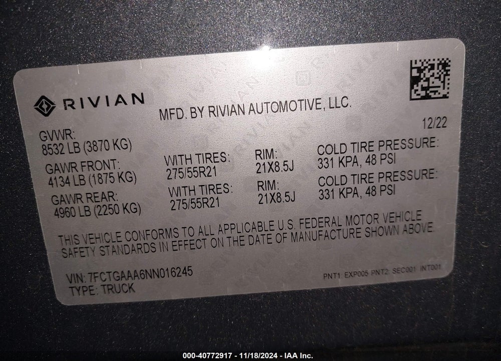 2022 RIVIAN R1T ADVENTURE VIN: 7FCTGAAA6NN016245