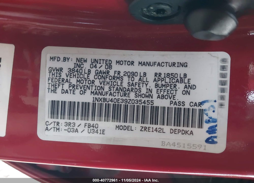 2009 TOYOTA COROLLA LE VIN: 1NXBU40E39Z035455