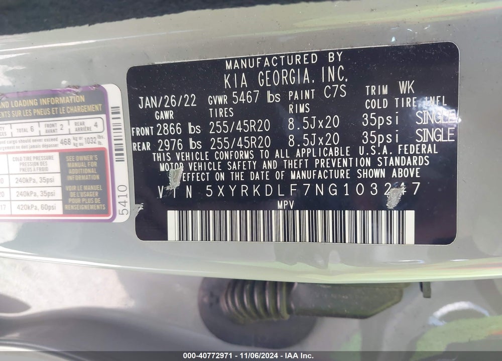 2022 KIA SORENTO SX VIN: 5XYRKDLF7NG103247