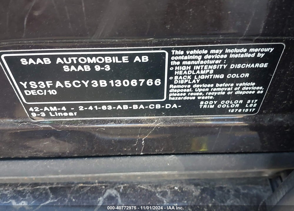 2011 SAAB 9-3 TURBO4 VIN: YS3FA5CY3B1306766