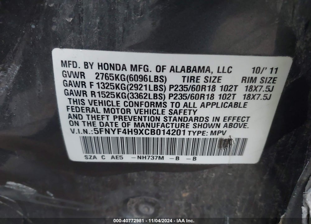 2012 HONDA PILOT TOURING VIN: 5FNYF4H9XCB014201