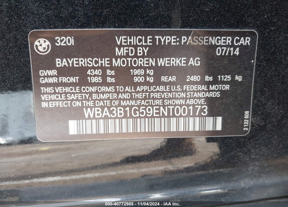 2014 BMW 320I VIN: WBA3B1G59ENT00173
