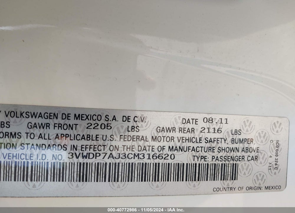 2012 VOLKSWAGEN JETTA 2.5L SE VIN: 3VWDP7AJ3CM316620