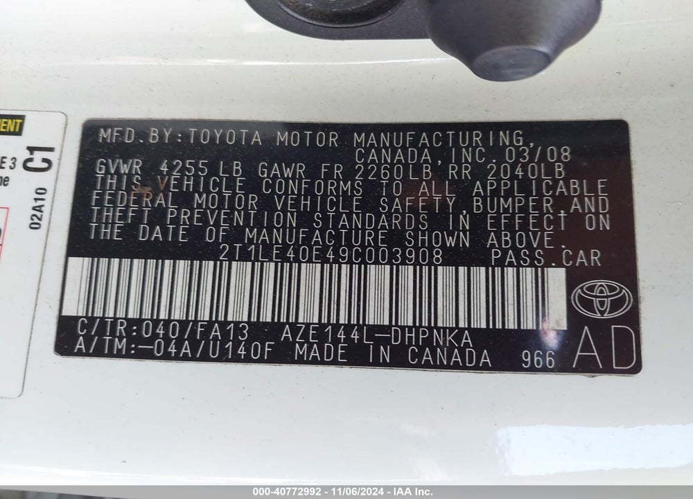 2009 TOYOTA MATRIX S VIN: 2T1LE40E49C003908