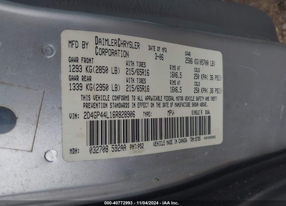 2006 DODGE GRAND CARAVAN SXT VIN: 2D4GP44L16R828906
