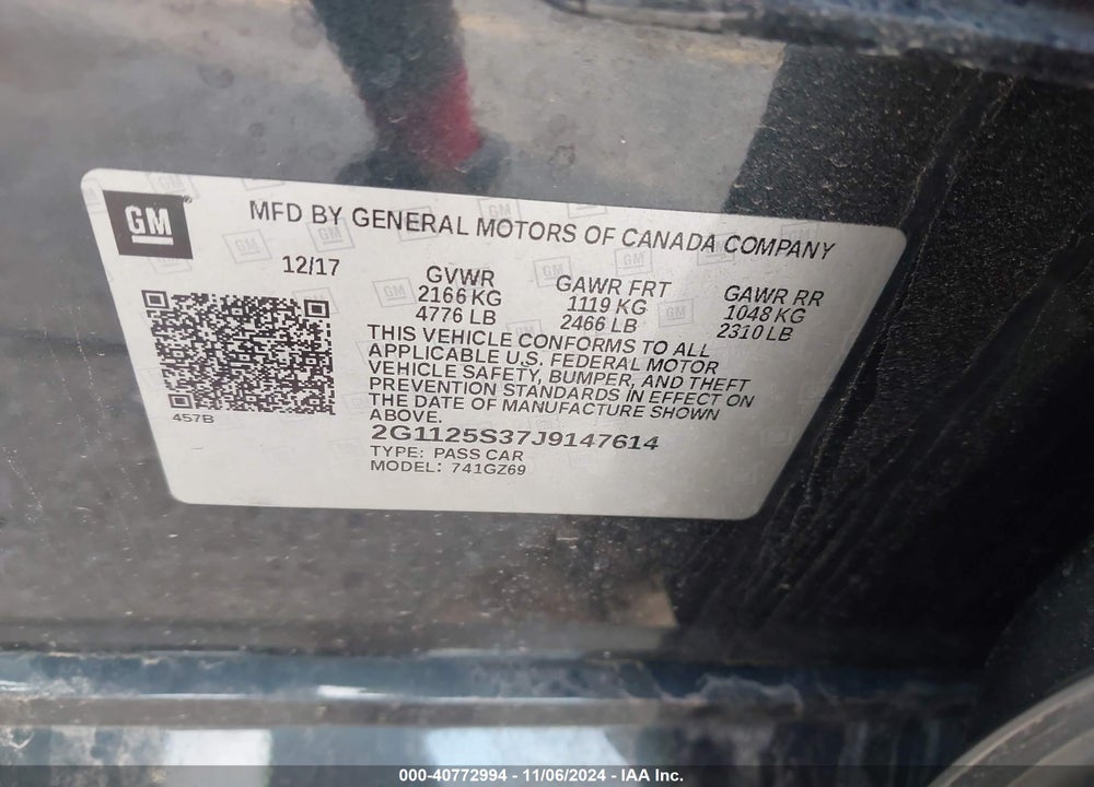2018 CHEVROLET IMPALA VIN: 2G1125S37J9147614
